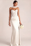 White Mermaid Maxi Corset Satin Basque Waist Wedding Reception Dress with Lace