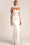 White Mermaid Maxi Corset Satin Basque Waist Wedding Reception Dress with Lace