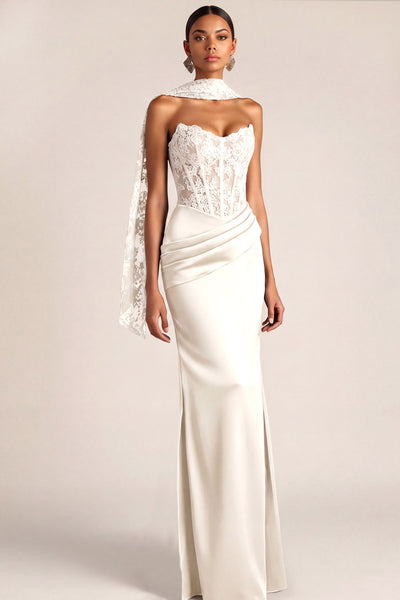 Leely Women White Mermaid Maxi Satin Wedding Reception Dress with Lace ...