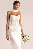 White Mermaid Maxi Corset Satin Basque Waist Wedding Reception Dress with Lace