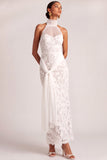 White Sheath High Neck Maxi Lace Wedding Reception Dress with Sash