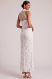 White Sheath High Neck Maxi Lace Wedding Reception Dress with Sash