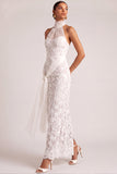 White Sheath High Neck Maxi Lace Wedding Reception Dress with Sash