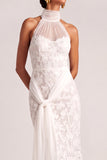 White Sheath High Neck Maxi Lace Wedding Reception Dress with Sash