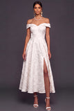White A Line Jacquard Off the Shoulder Maxi Wedding Reception Dress with Slit