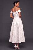 White A Line Jacquard Off the Shoulder Maxi Wedding Reception Dress with Slit