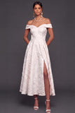 White A Line Jacquard Off the Shoulder Maxi Wedding Reception Dress with Slit