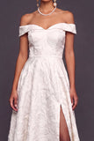 White A Line Jacquard Off the Shoulder Maxi Wedding Reception Dress with Slit