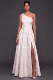 White A Line One Shoulder Jacquard Maxi Wedding Reception Dress with Slit