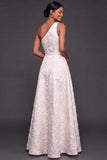 White A Line One Shoulder Jacquard Maxi Wedding Reception Dress with Slit
