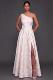 White A Line One Shoulder Jacquard Maxi Wedding Reception Dress with Slit