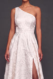 White A Line One Shoulder Jacquard Maxi Wedding Reception Dress with Slit