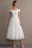 White A Line Off Shoulder Lace Embroidered Maxi Wedding Reception Dress