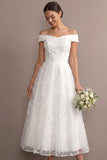 White A Line Off Shoulder Lace Embroidered Maxi Wedding Reception Dress