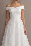 White A Line Off Shoulder Lace Embroidered Maxi Wedding Reception Dress