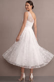 White A Line One Shoulder Lace Embroidered Midi Wedding Reception Dress