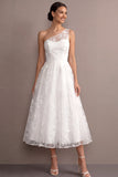 White A Line One Shoulder Lace Embroidered Midi Wedding Reception Dress