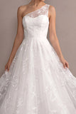 White A Line One Shoulder Lace Embroidered Midi Wedding Reception Dress