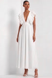 White A Line Ruffled V Neck Long Engagement Dress
