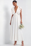 White A Line Ruffled V Neck Long Engagement Dress