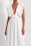 White A Line Ruffled V Neck Long Engagement Dress