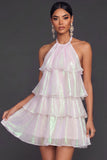 White A Line Halter Neck Tiered Short Bridal Shower Dress
