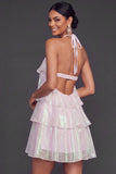 White A Line Halter Neck Tiered Short Bridal Shower Dress