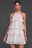White A Line Halter Neck Tiered Short Bridal Shower Dress