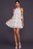 White A Line Halter Neck Tiered Short Bridal Shower Dress