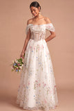White Floral A Line Corset Long Wedding Reception Dress