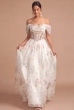 White Floral A Line Corset Long Wedding Reception Dress