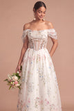White Floral A Line Corset Long Wedding Reception Dress