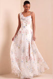 A Line White Floral One Shoulder Long Wedding Reception Dress with Slit