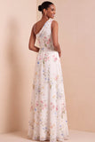 A Line White Floral One Shoulder Long Wedding Reception Dress with Slit