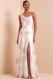 A Line White Floral One Shoulder Long Wedding Reception Dress with Slit