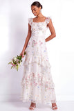 A Line Ruffled Tiered White Long Floral Wedding Reception Dress