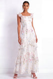 A Line Ruffled Tiered White Long Floral Wedding Reception Dress