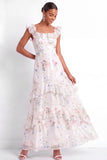 A Line Ruffled Tiered White Long Floral Wedding Reception Dress