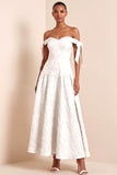 Jacquard White Floral A Line Long Wedding Reception Dress