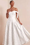 Jacquard White Floral A Line Long Wedding Reception Dress