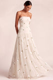 White A Line Floral Embroidered Long Wedding Reception Dress