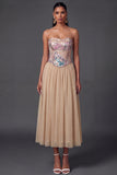 A Line Sparkly High Waist Champagne Long Wedding Guest Dress