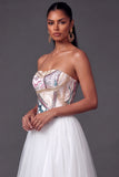 White A Line Sparkly High Waist Long Wedding Reception Dress