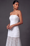 A Line Lace Floral White Long Wedding Reception Dress