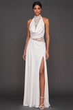 White A Line Lace Long Wedding Reception Dress with Slit