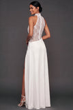 White A Line Lace Long Wedding Reception Dress with Slit