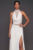 White A Line Lace Long Wedding Reception Dress with Slit