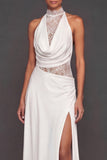 White A Line Lace Long Wedding Reception Dress with Slit