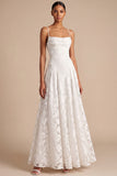 A Line White Spaghetti Straps Floral Long Wedding Reception Dress