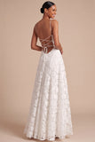 A Line White Spaghetti Straps Floral Long Wedding Reception Dress